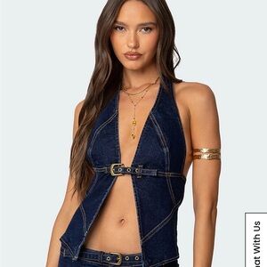 Edikted Ciel Split Front Denim Halter Top